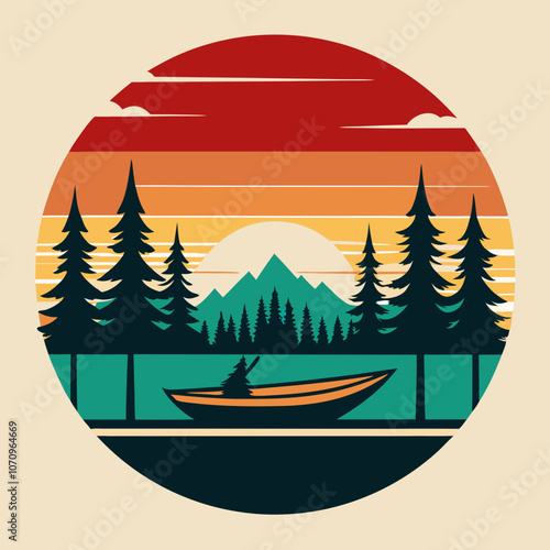 Lake silhouette with canoe and trees on retro vintage vector illustration