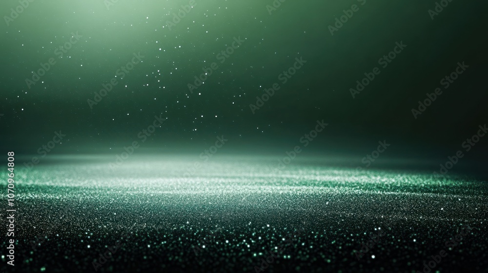 Obraz premium A serene, misty landscape with sparkling particles and a soft green hue.