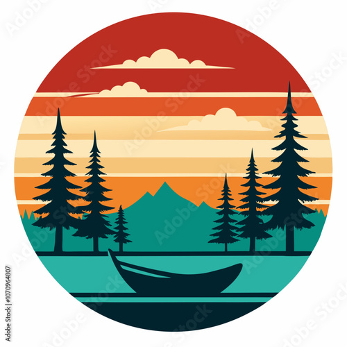 Lake silhouette with canoe and trees on retro vintage vector illustration