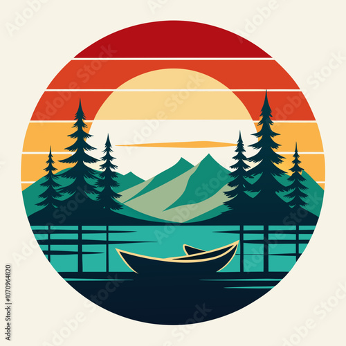 Lake silhouette with canoe and trees on retro vintage vector illustration