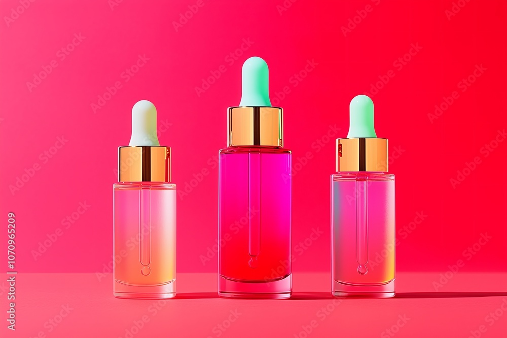 three cosmetic dropper bottles with pink and coral liquid against a red background – modern, luxury skincare three cosmetic dropper bottles with pink and coral liquid against a red background – modern, luxury skincare