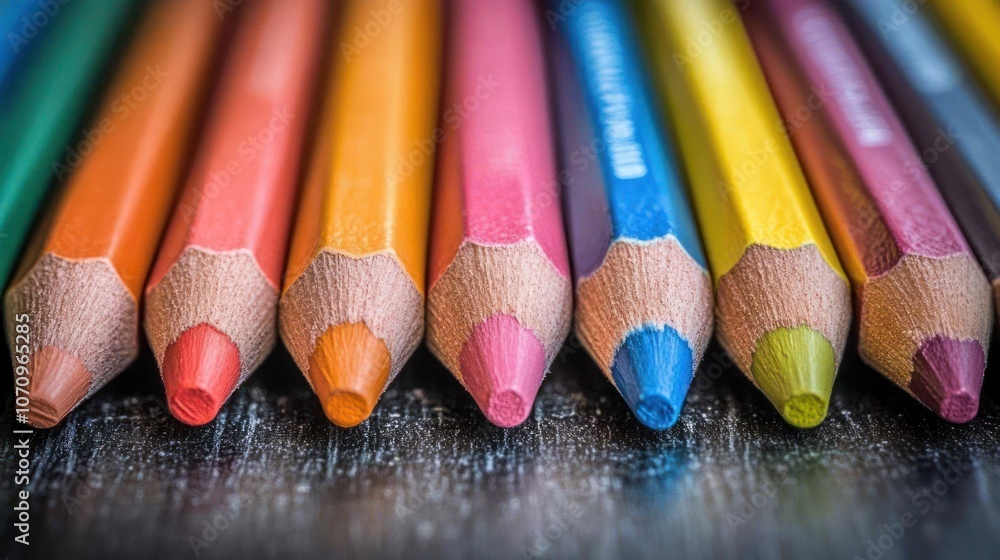A close-up of a row of colored pencils. A close-up of a row of colored pencils.