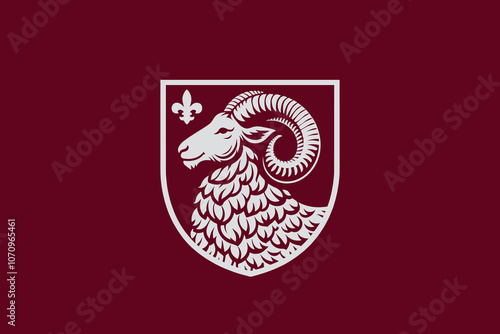 Ram, goat. Vintage vector heradic coat of arms, emblem, sign. White on red