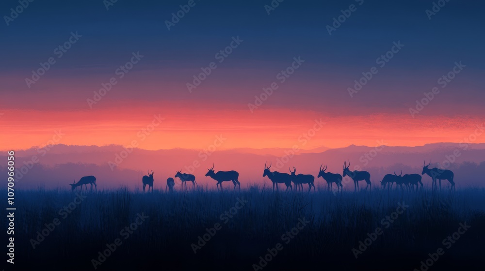 A herd of antelopes silhouetted against a fiery sunset. A herd of antelopes silhouetted against a fiery sunset.