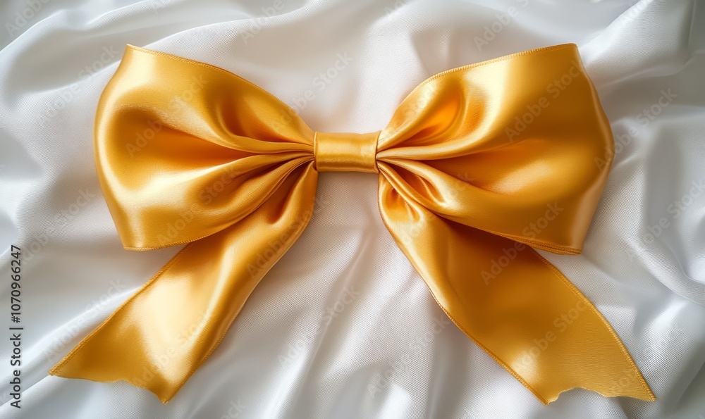 Elegant golden ribbon bow tied on white satin fabric Elegant golden ribbon bow tied on white satin fabric