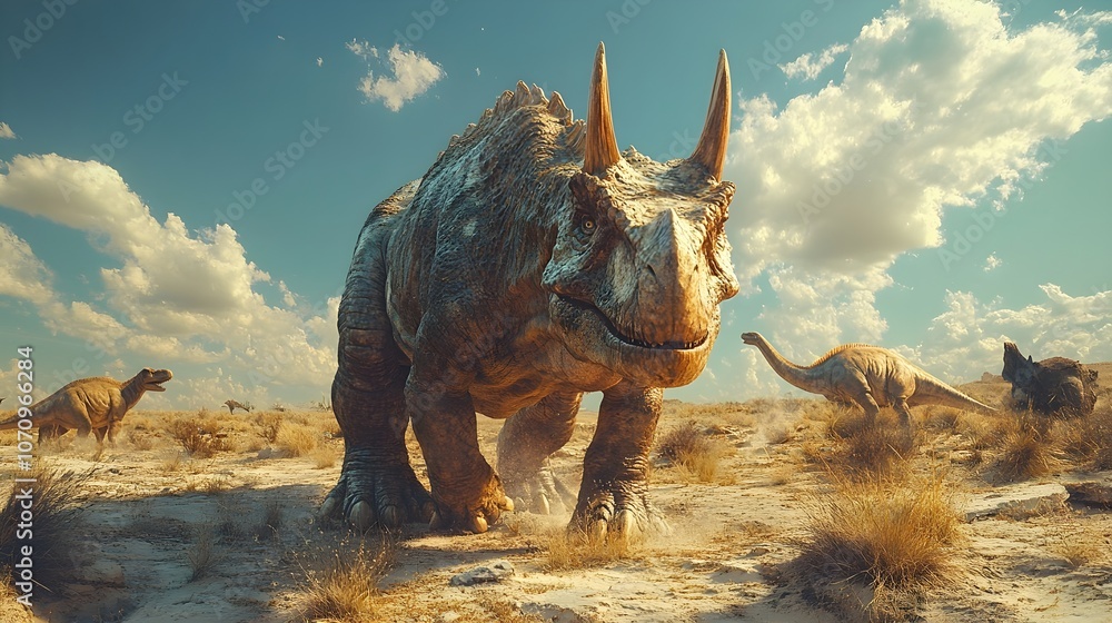 Fototapeta premium Prehistoric Landscape with Dinosaur in Open Wilderness