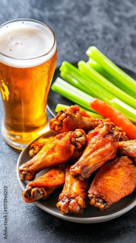  Alitas de pollo picantes servidas con cerveza, palitos de apio y zanahoria, ideales para una comida informal o un aperitivo en bar.

 photo