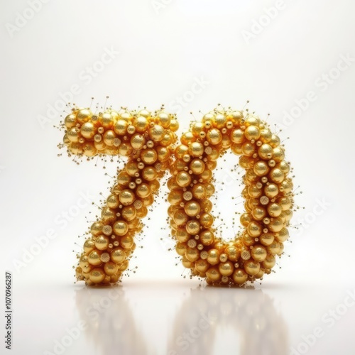 Artistic representation of the numbers 70 crafted from textured spheres against a vibrant white background for a striking visual impact