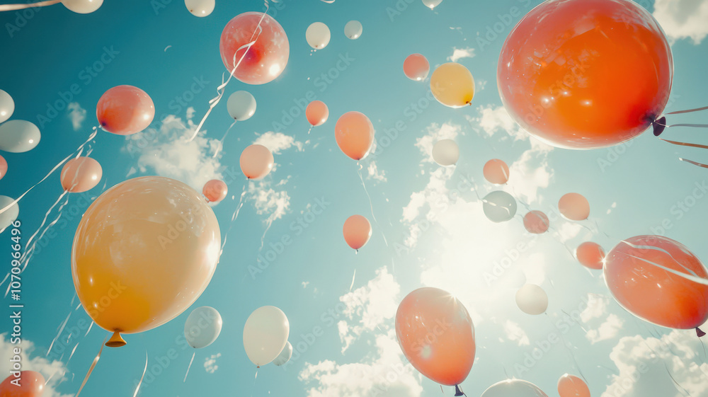 Fototapeta premium Colorful balloons drifting across the background, symbolizing celebrations and new beginnings, perfect for themes of moving and fresh starts