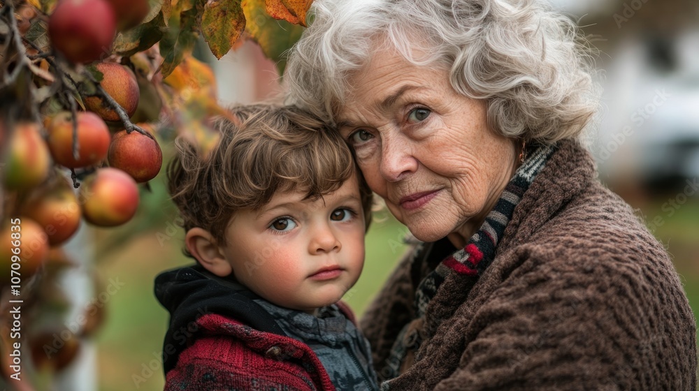 A young boy and his grandmother stand together in an apple orchard during autumn. A young boy and his grandmother stand together in an apple orchard during autumn.
