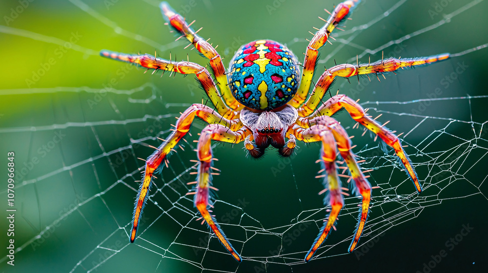 A colorful spider clings to its web, each limb visible in stunning detail, against a green outdoor background, evoking a sense of arachnophobia while showcasing the creature’s natural beauty A colorful spider clings to its web, each limb visible in stunning detail, against a green outdoor background, evoking a sense of arachnophobia while showcasing the creature’s natural beauty