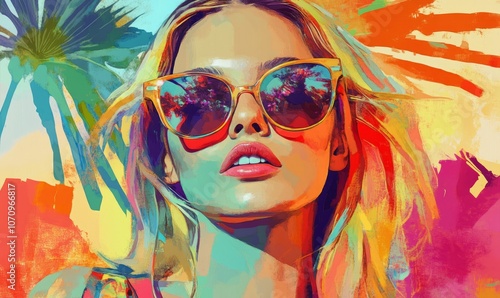 Colorful art portrait of a young fashionable woman. Summer fashion concept