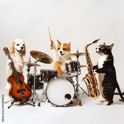 A realistic photo on a white background featuring several cats and dogs playing jazz on various musical instruments