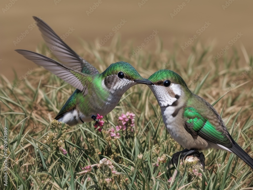 Obraz premium Vibrant Hummingbirds in Courtship Flight Over Grassland Habitat