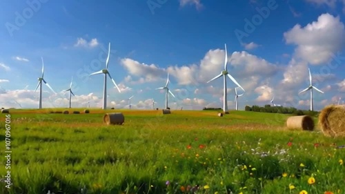Looped Animation of a Tranquil Farm Field with Vibrant Wildflowers, Hay Bales, and Spinning Wind Turbines Under a Blue Sky
