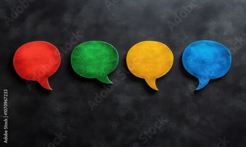 Four vibrant speech bubbles in red, blue, green, and yellow are symmetrically arranged on a dark grey background, providing an engaging canvas for dialogue and creative expression
