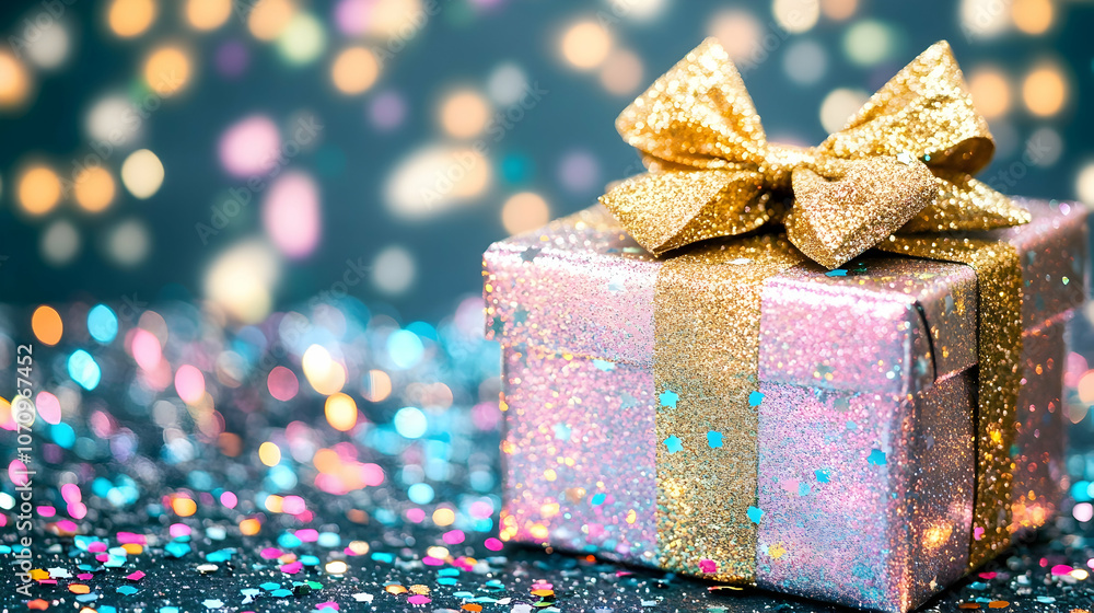 Gift Box with Glitter and Confetti, present, wrapping, bow, ribbon, sparkle Gift Box with Glitter and Confetti, present, wrapping, bow, ribbon, sparkle