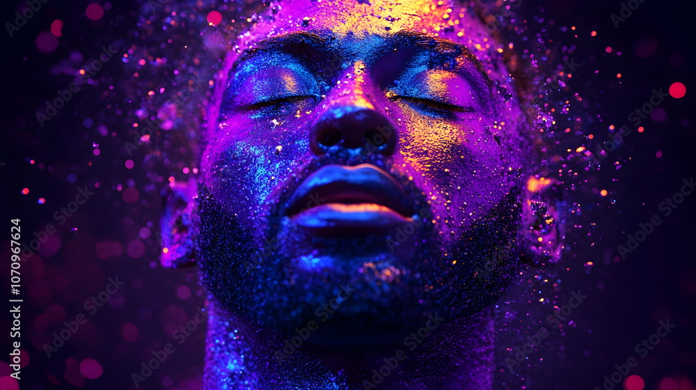 Close Up of Man's Face Covered in Neon Glitter, portrait, black man, male, model, fashion Close Up of Man's Face Covered in Neon Glitter, portrait, black man, male, model, fashion