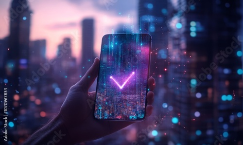 Creative background, male hand holding a phone with a 5G hologram on the background of the city. The concept of 5G network, high-speed mobile Internet, new generation networks photo