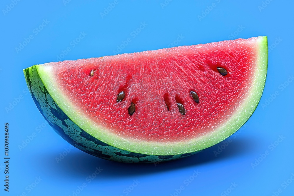 A Single Slice of Watermelon with Black Seeds on a Blue Background A Single Slice of Watermelon with Black Seeds on a Blue Background