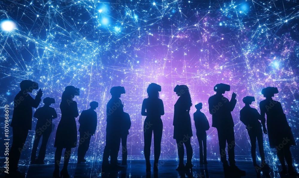 Group of people engaging in virtual reality experience in a digital environment. Group of people engaging in virtual reality experience in a digital environment.