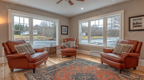 A cozy living room with two leather armchairs, a rug, and a view of a river.