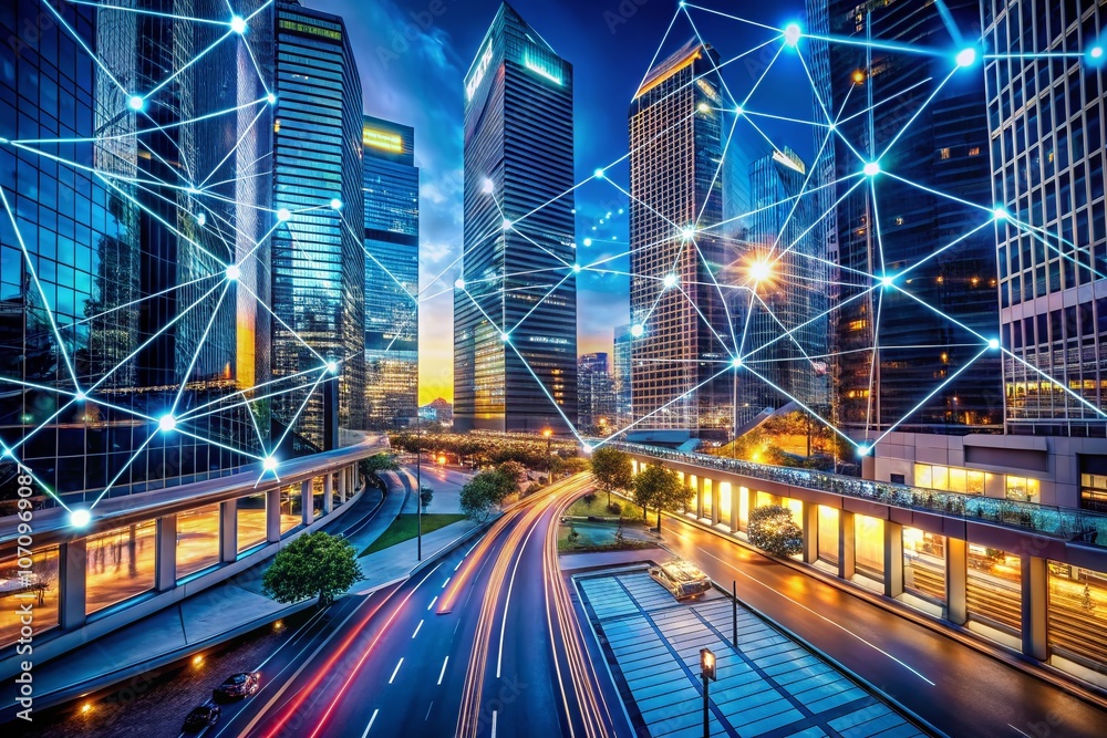 Obraz premium Futuristic Architectural Connectivity: An Abstract Representation of Digital Networking and Geometric Structures in Modern Design, Showcasing Cyber and Global Network Concepts