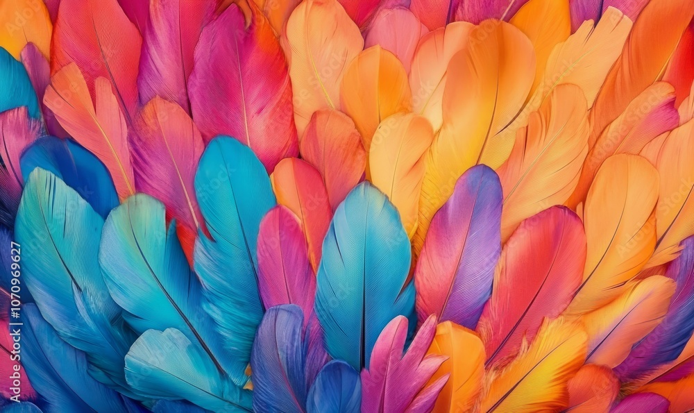 Explosion of vibrant multi-colored feathers creating a textured background, symbolizing diversity and creativity Explosion of vibrant multi-colored feathers creating a textured background, symbolizing diversity and creativity