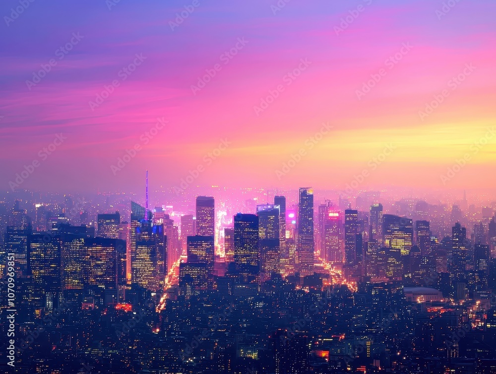 Obraz premium A stunning city skyline at sunset, featuring vibrant colors of purple and pink illuminating skyscrapers and the bustling city below.