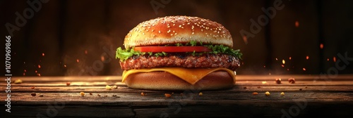 A juicy burger sits on a wooden table with a smoky background