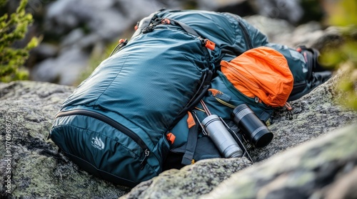 A teal and orange backpack sits on rocks in the wilderness, with a silver thermos and other gear.