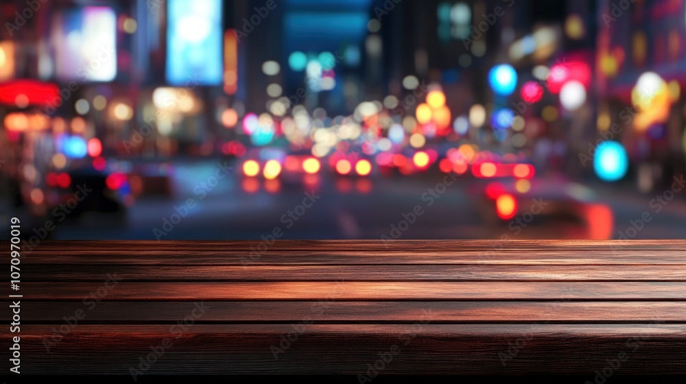 Blurred cityscape at night with a wooden table in the foreground. Blurred cityscape at night with a wooden table in the foreground.