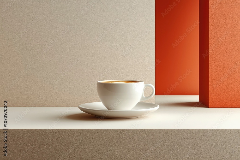 White Coffee Cup on a Beige and Orange Platform White Coffee Cup on a Beige and Orange Platform