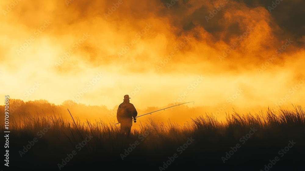 Naklejka premium A lone fisherman stands in a field of tall grass, silhouetted against a dramatic, fiery sunset sky.