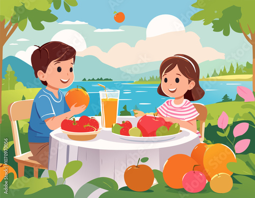 cartoon group of children sitting at the table and eating fresh fruit, illustration vector