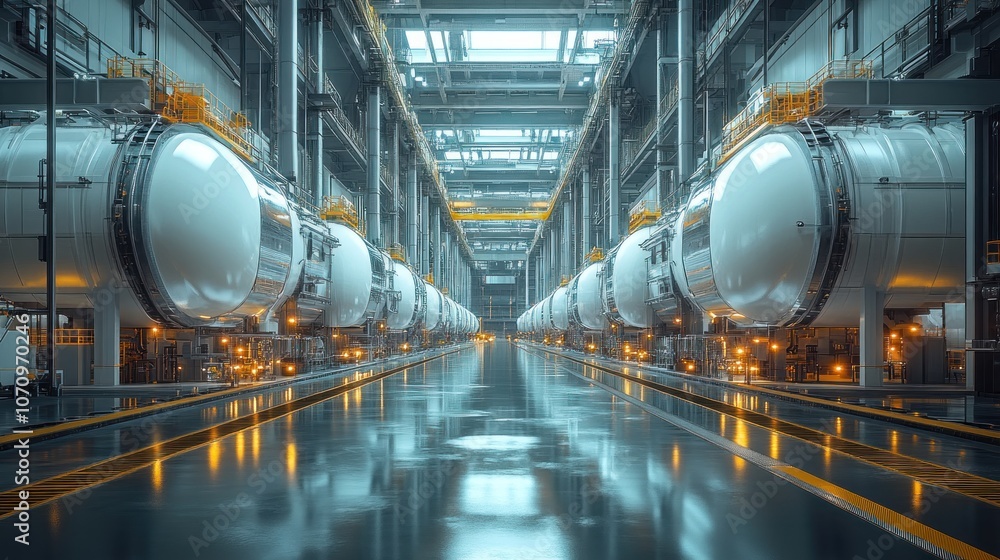 Rows of large industrial vats in a modern factory. Rows of large industrial vats in a modern factory.