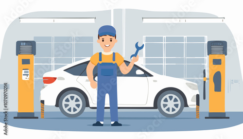 Mechanic in blue overalls stand near white broken car in service vehicles. Vector illustration