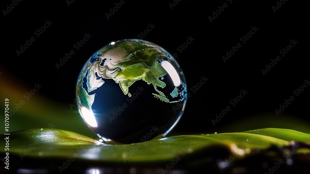 Crystal Globe on Leaf Capturing the Earth Crystal Globe on Leaf Capturing the Earth