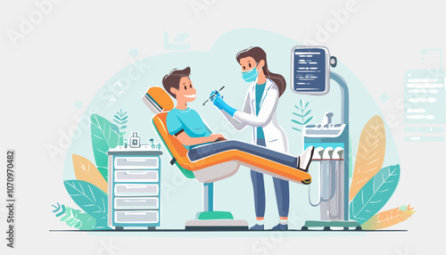 woman at a dentist's appointment in a dental office.  The concept of dentistry and healthcare. Vector illustration