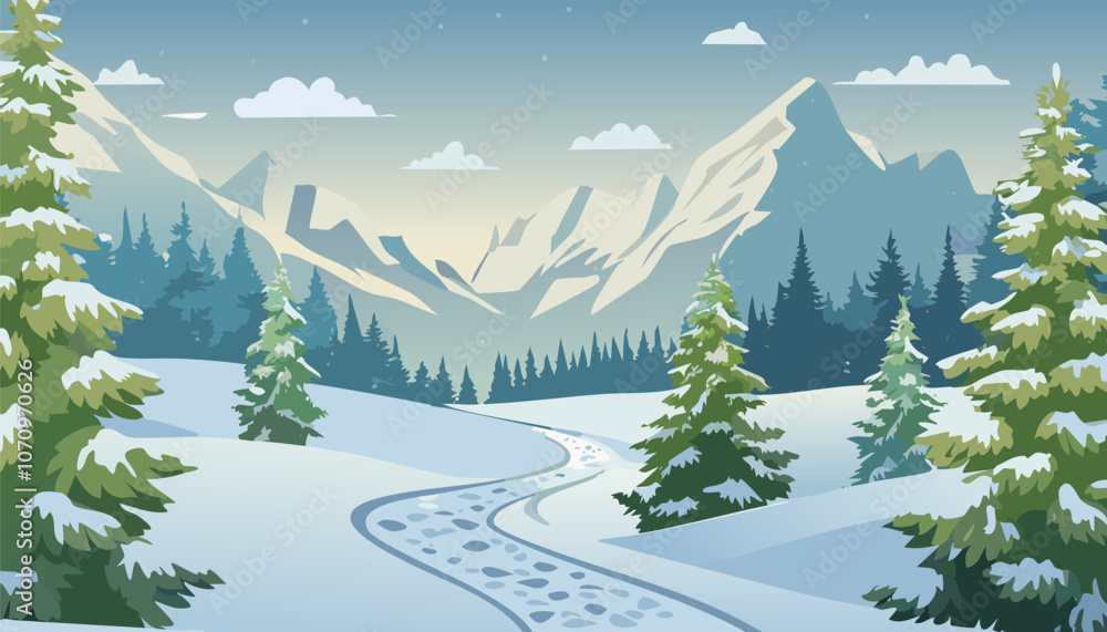 Fototapeta premium This is a pixel art illustration depicting a snowy forest, complete with a winding road that goes through the midst of it, creating a picturesque scene