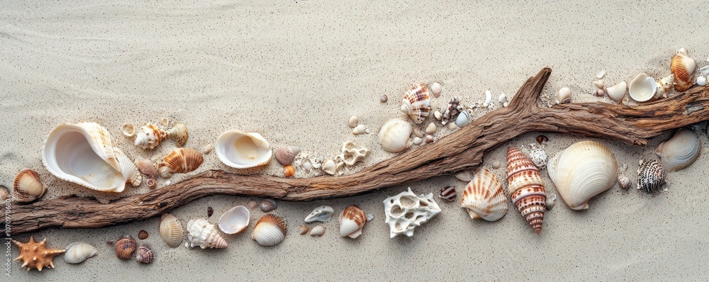 Fototapeta premium A natural arrangement of seashells and driftwood on a sandy surface, showcasing the beauty of coastal elements.