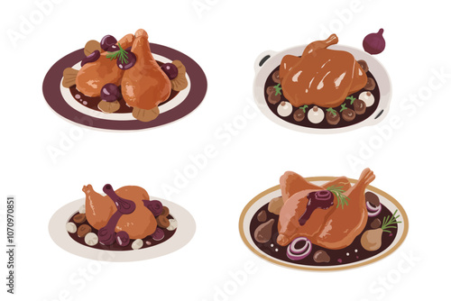 Illustration set of tender chicken dishes with various pieces and cooking styles