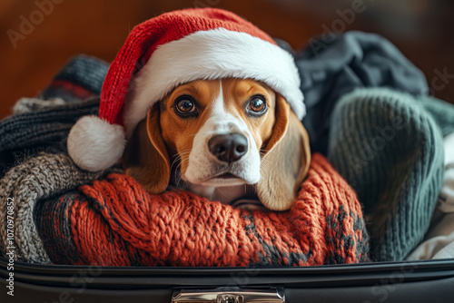 A beagle dog dons a festive Santa hat while nestled in a suitcase overflowing with warm sweaters. The winter atmosphere evokes a sense of holiday cheer and comfort. photo