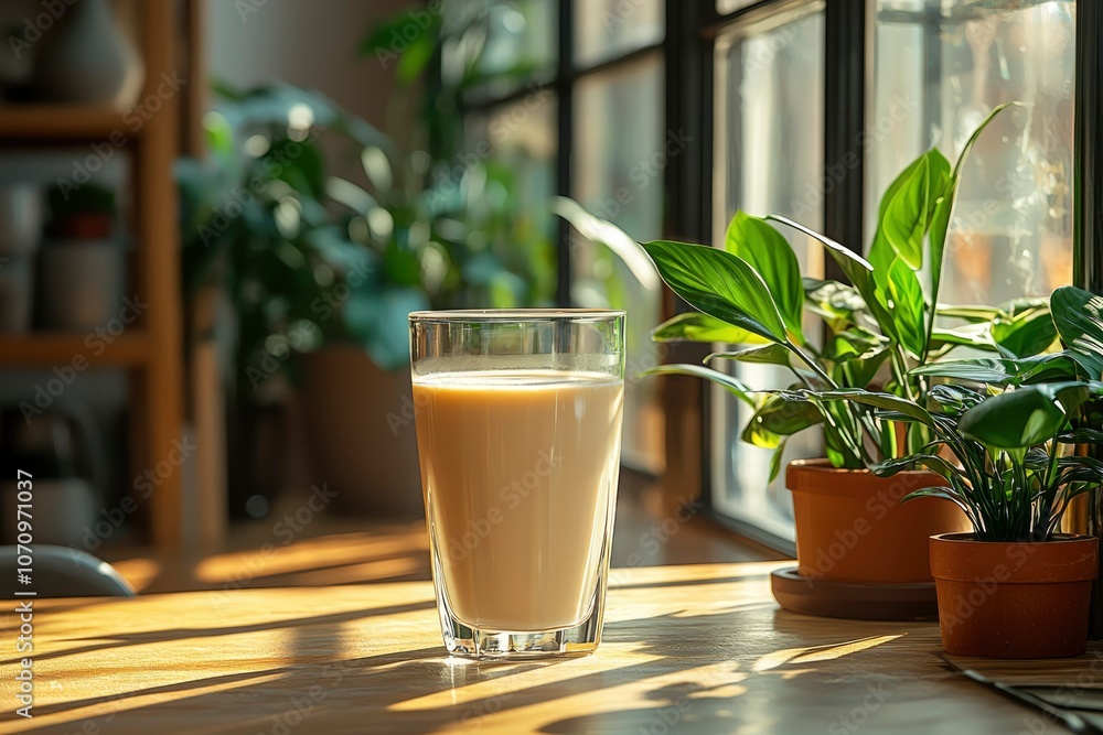 Glass of Milk on a Wooden Table with Plants in the Background Glass of Milk on a Wooden Table with Plants in the Background