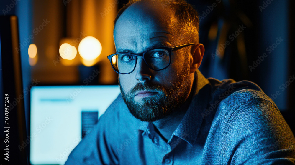 Obraz premium Employee focused in front of a computer, staring at the screen with full concentration