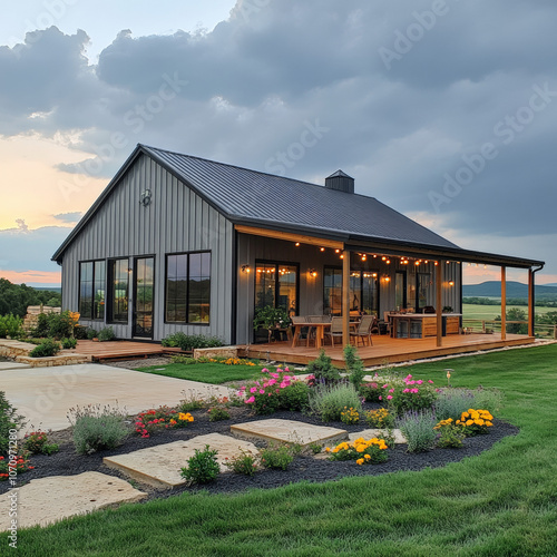 a stunning Barndominium that beautifully blends rustic and modern styles. The exterior features a combination of metal and natural wood, with large windows allowing ample natural light to flood in.