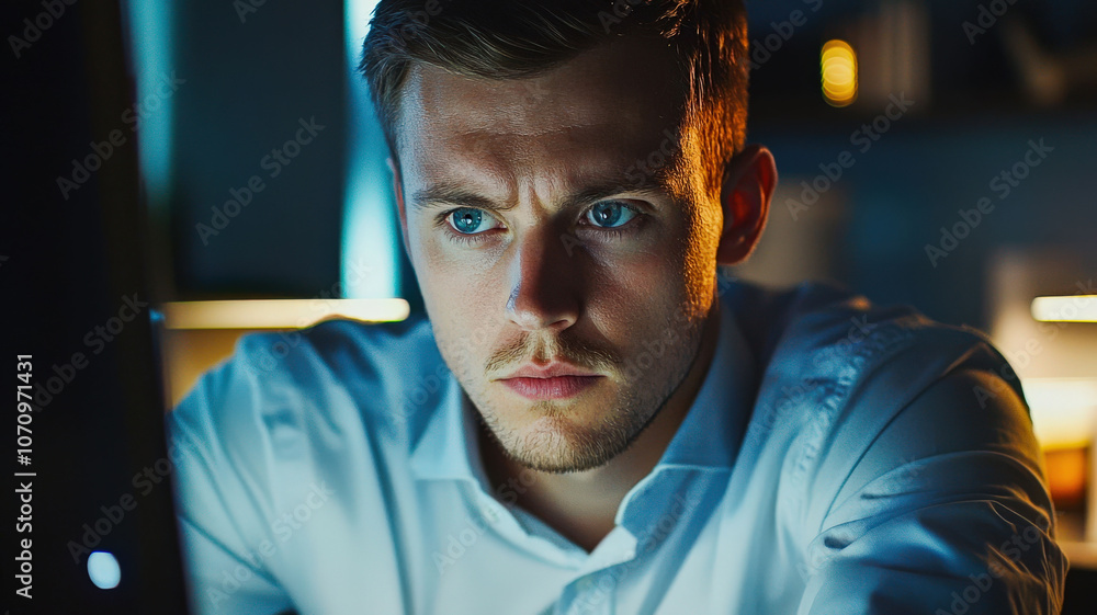 Employee focused in front of a computer, staring at the screen with full concentration Employee focused in front of a computer, staring at the screen with full concentration