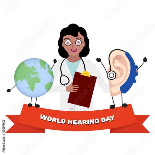 World Hearing Day poster with ear and earth and doctor