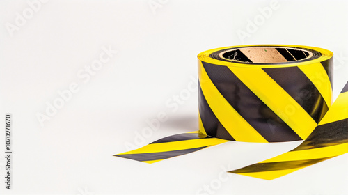 Caution tape roll with safety barrier and black yellow warning stripes in clear space photo