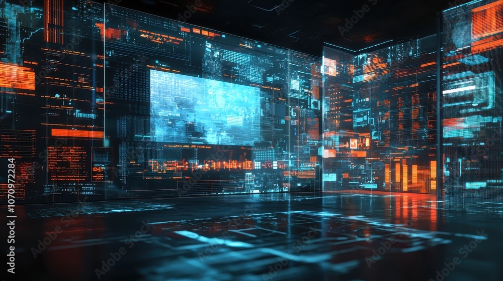 A futuristic digital environment featuring glowing screens and holograms filled with vibrant data visuals and network designs. A futuristic digital environment featuring glowing screens and holograms filled with vibrant data visuals and network designs.
